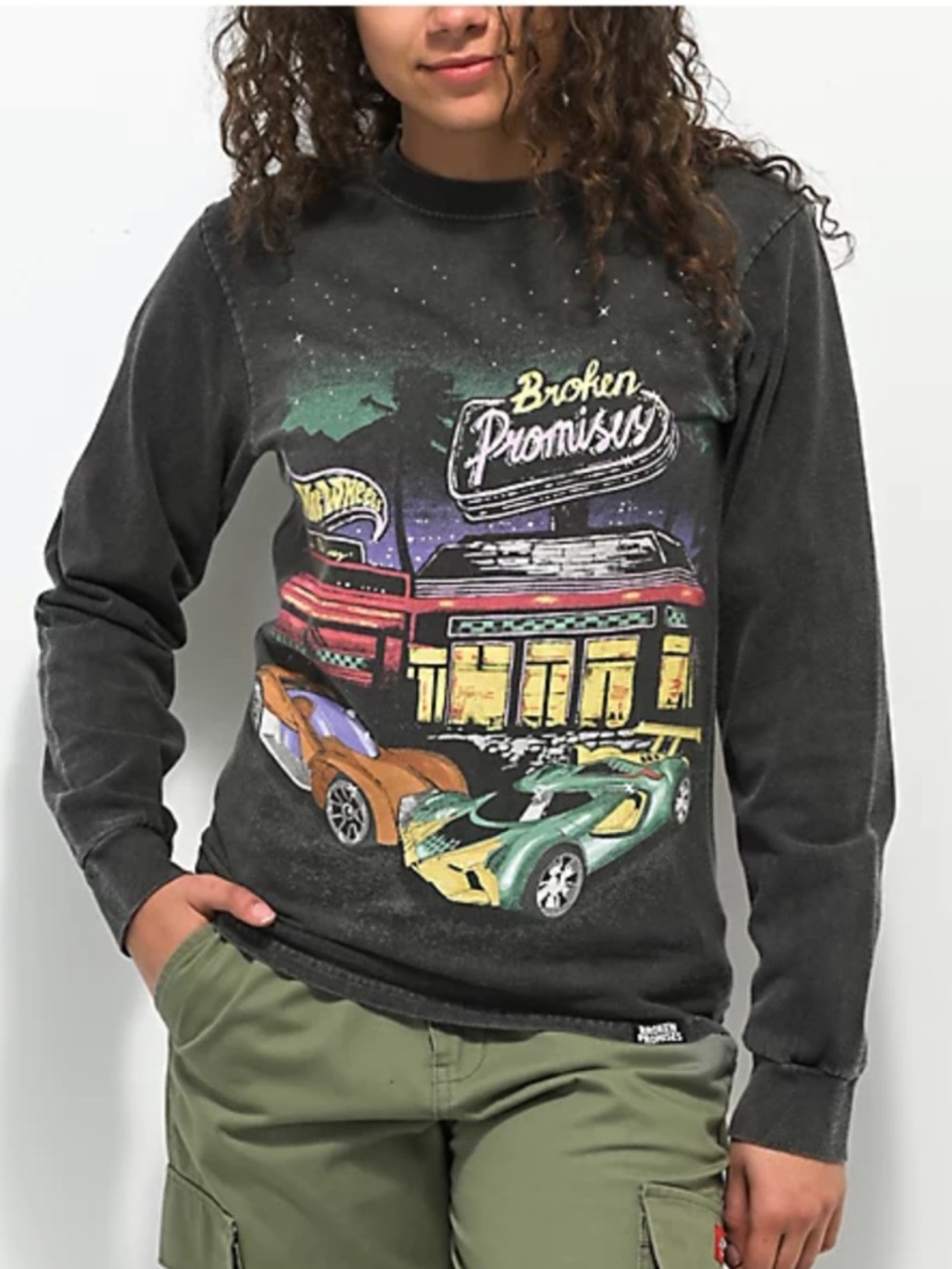Hot Wheels Broken Promises Women's Long Sleeve Graphic Tee - Washed Black